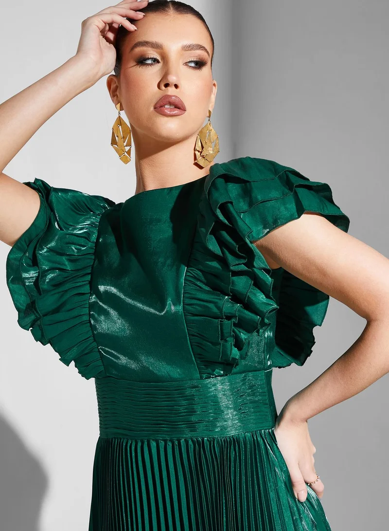 Iyra Ruffle Sleeve Plisse Asymmetrical Dress