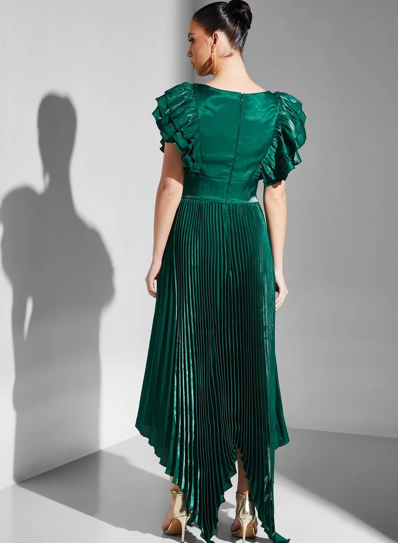 Iyra Ruffle Sleeve Plisse Asymmetrical Dress