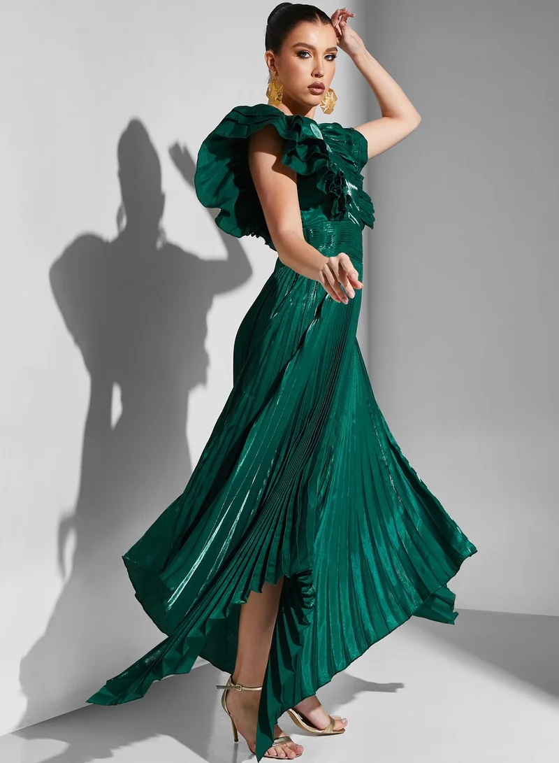 Iyra Ruffle Sleeve Plisse Asymmetrical Dress