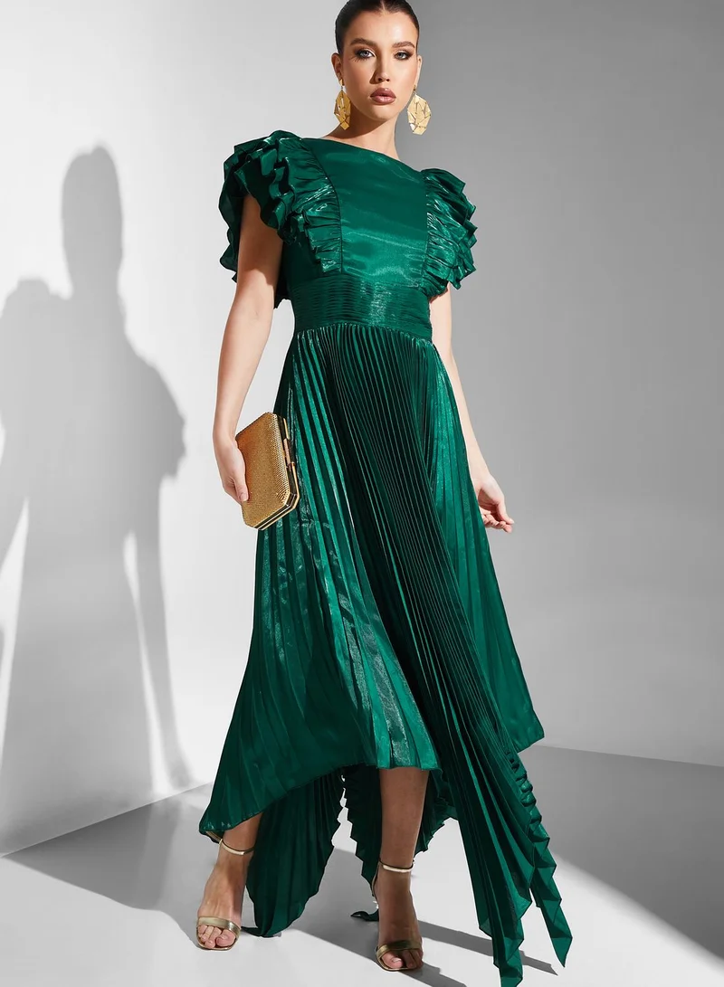 Iyra Ruffle Sleeve Plisse Asymmetrical Dress