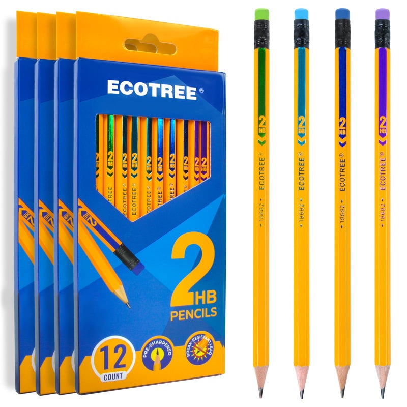 ECOTREE Pre-Sharpened Pencils #2 HB, Wood-Cased Number 2 Pencils with Erasers for Writing, Drawing, Sketching, Yellow Pencil Bulk for School Teacher Supplies, 48 Count - Image 1