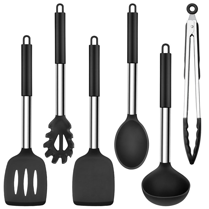 Herogo Kitchen Utensils Set 6Piece Silicone Cooking Utensil Set Heat Resistant Stainless Steel Handle Cooking Tools NonStick Silicone Spatula Turner Spoon Set Easy to Clean  Black