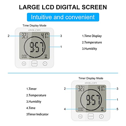 Houkiper Digital Bathroom Shower Wall Clock, LCD Digital Wall Clock with Suction, Waterproof Temperature Humidity Gauge, Touch Screen Timer, Large Countdown Visual Timer (White) - Image 2