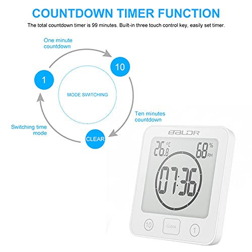 Houkiper Digital Bathroom Shower Wall Clock, LCD Digital Wall Clock with Suction, Waterproof Temperature Humidity Gauge, Touch Screen Timer, Large Countdown Visual Timer (White) - Image 4