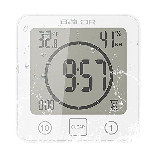 Houkiper Digital Bathroom Shower Wall Clock, LCD Digital Wall Clock with Suction, Waterproof Temperature Humidity Gauge, Touch Screen Timer, Large Countdown Visual Timer (White) - Image 1