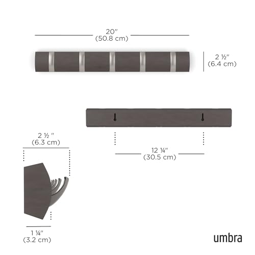 UMBRA رف معلق على الحائط من أمبرا فليب - شماعة معاطف عصرية، أنيقة، موفرة للمساحة مع 5 خطافات قابلة للسحب، خشب عائم/نيكل - Image 3