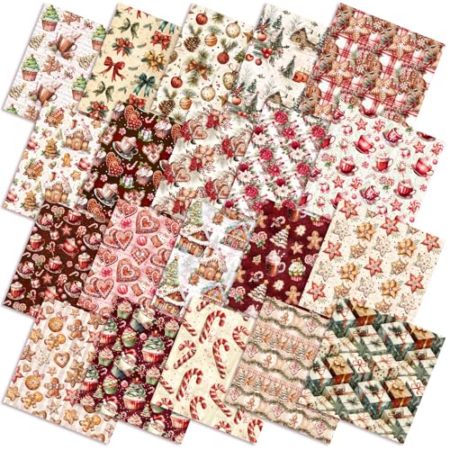 Oudain 60 Pcs 10 x 10 Inch Gingerbread Man Quilting Fabric Squares Vintage Christmas Fat Patchwork Precut Strips Candy Cane Fabric Bundles for Xmas DIY Craft Sewing Handmade Materials - Image 1