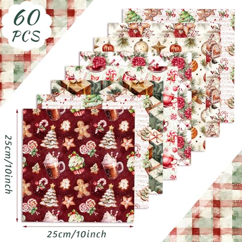 Oudain 60 Pcs 10 x 10 Inch Gingerbread Man Quilting Fabric Squares Vintage Christmas Fat Patchwork Precut Strips Candy Cane Fabric Bundles for Xmas DIY Craft Sewing Handmade Materials - Image 3