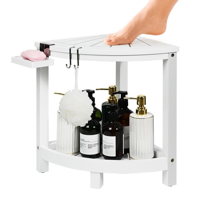 2TIER BAMBOO CORNER SHOWER STOOL FOR SHAVING LEGS WATERPROOF BENCH WITH STORAGE SHELF AND SOAP DISH NONSLIP FOOT REST WHITE