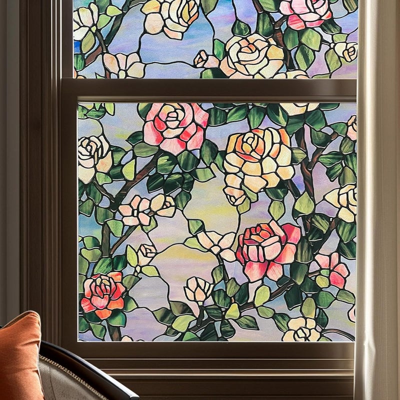 ADD.HERES Stained Glass Window Film Privacy for Glass Windows, Window Privacy Film UV Blocking Static Cling for Home Kitchen Office Bathroom,Rose 44x120cm - Image 1