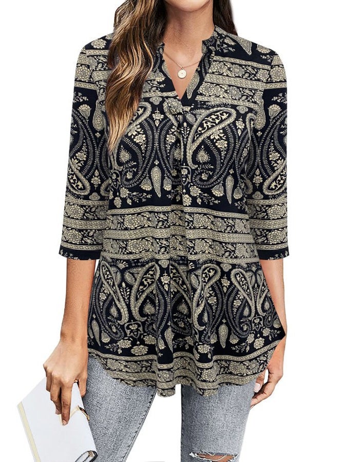 BEPEI Dressy Tops for Women Business Casual Work V Neckline Shirt Vintage Half Sleeve Slimming Fitted Professional Office Chiffon Blouse Fall Feminine Outdoor Daily Wear Black Beige XL - Image 1