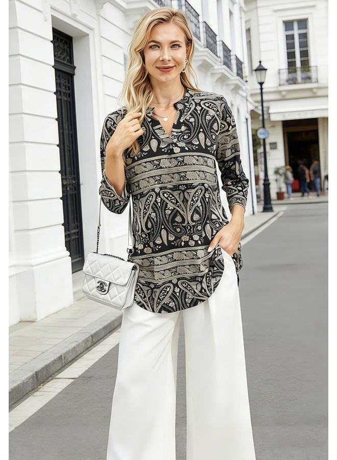 BEPEI Dressy Tops for Women Business Casual Work V Neckline Shirt Vintage Half Sleeve Slimming Fitted Professional Office Chiffon Blouse Fall Feminine Outdoor Daily Wear Black Beige XL - Image 3