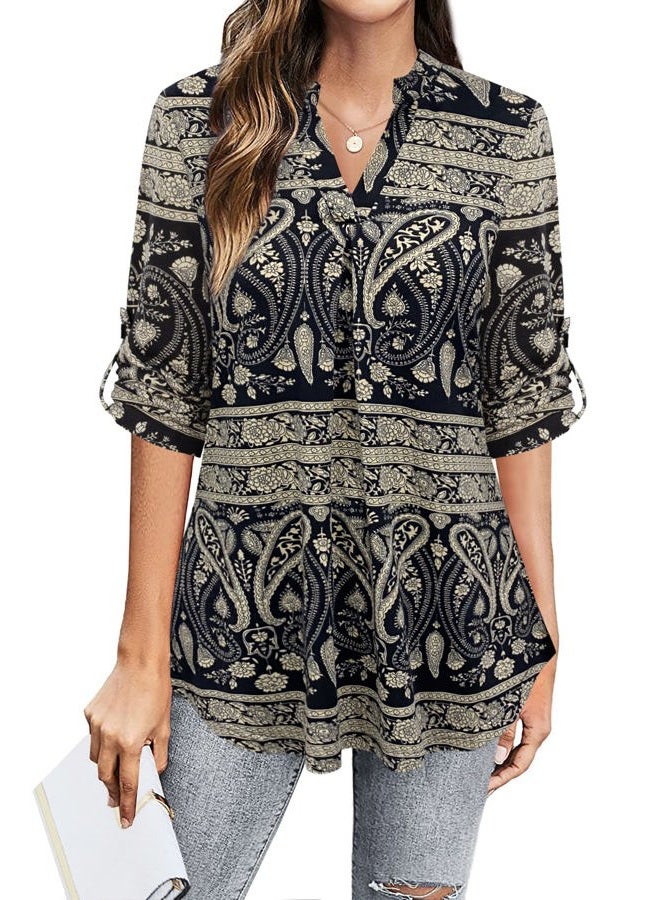 BEPEI Dressy Tops for Women Business Casual Work V Neckline Shirt Vintage Half Sleeve Slimming Fitted Professional Office Chiffon Blouse Fall Feminine Outdoor Daily Wear Black Beige XL - Image 2