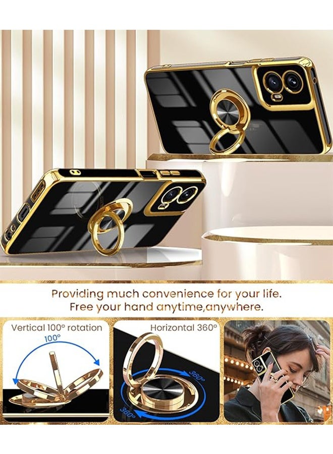 إكس ليفيل جراب هاتف سامسونج جالاكسي A06 5G، واقي شاشة مزدوج الطبقات، حامل حلقي دوار 360 درجة، حامل مغناطيسي، جراب هاتف ناعم من البولي يوريثان الحراري فائق النحافة بحافة مطلية بالذهب لهاتف جالاكسي A06 (أسود) - Image 4