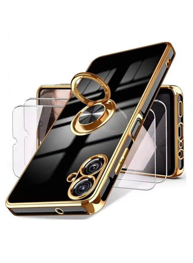 إكس ليفيل جراب هاتف سامسونج جالاكسي A06 5G، واقي شاشة مزدوج الطبقات، حامل حلقي دوار 360 درجة، حامل مغناطيسي، جراب هاتف ناعم من البولي يوريثان الحراري فائق النحافة بحافة مطلية بالذهب لهاتف جالاكسي A06 (أسود) - Image 1
