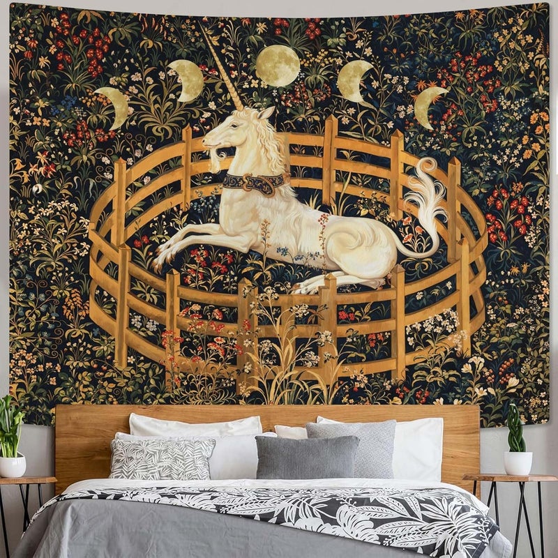 Yeoiat Unicorn Tapestry Medieval Wall Tapestry, Moon Tapestries for Bedroom Art Tapestries Wall Hanging for Bedroom Living Room 36"x48" - Image 1