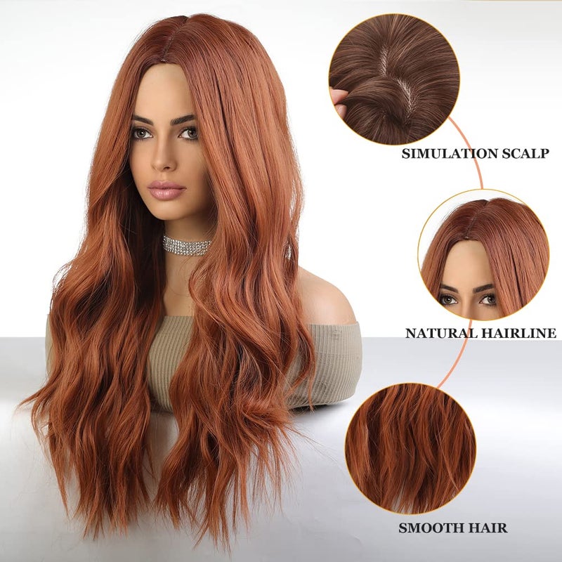 Esmee Long Ombre Auburn Wigs for Women Natuaral Synthetic Wavy Curly Hair Wig for Daily Party Cosplay Use-26 Inches - Image 3