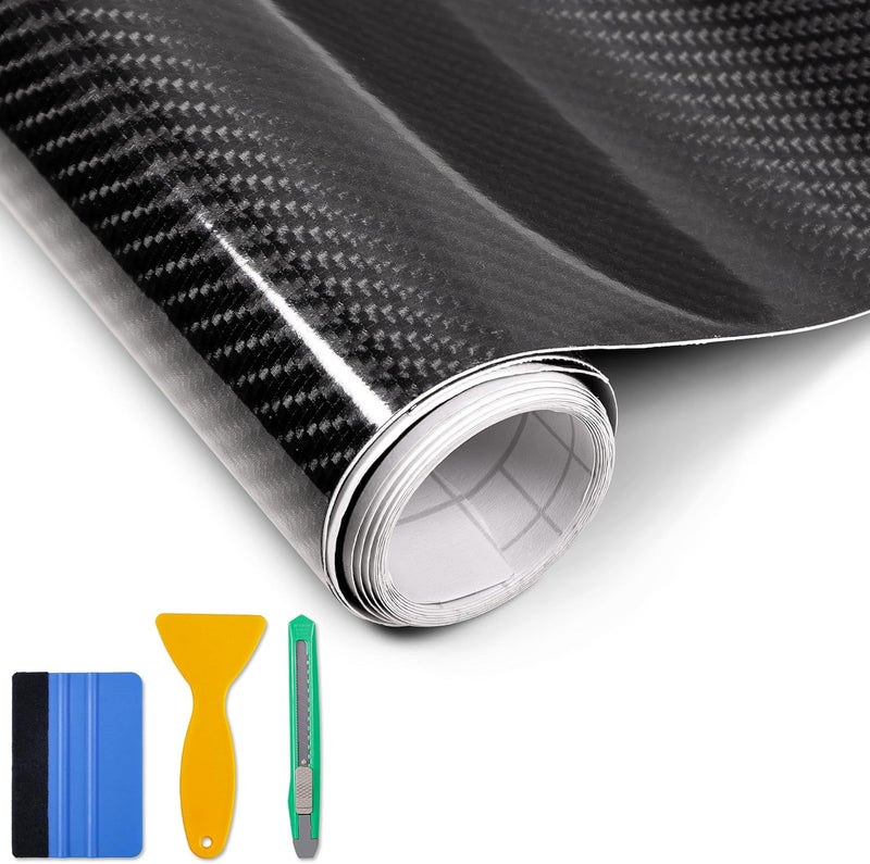 Foneso 6D Carbon Fiber Vinyl Wrap, Self Adhesive Film, High Glossy Car Vinyl Roll, Adapted to The Appearance and The Interior of Motorcycles, Computers, Cars (6D Black with Tool, 30cm x 150cm) - Image 1
