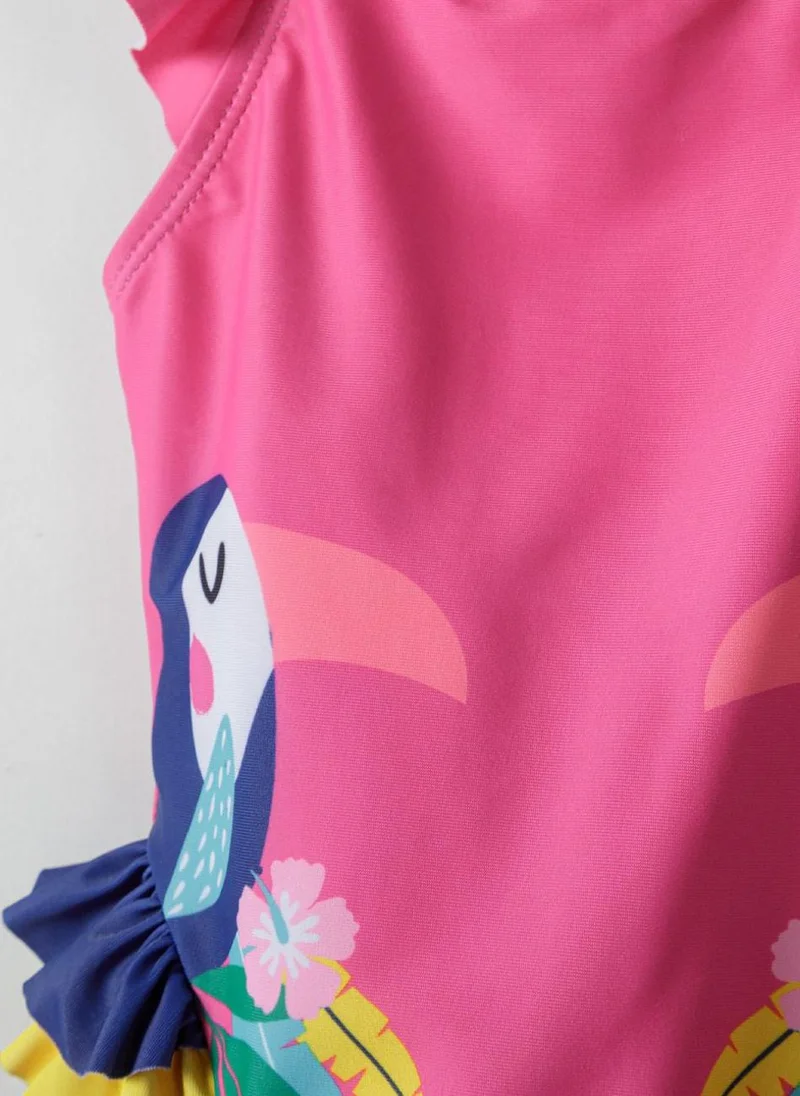 MINOTI Girls Parrot Print Swimsuit with Frilled Leg Openings