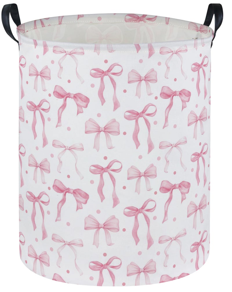 DDBASKET Girls Laundry Basket Pink Hamper for Nursery Bowkont Hamper Cute Kids Storage Bin Organizer Room Decor for Home(Pink bowkont) - Image 1