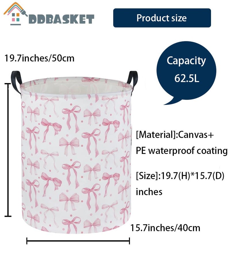 DDBASKET Girls Laundry Basket Pink Hamper for Nursery Bowkont Hamper Cute Kids Storage Bin Organizer Room Decor for Home(Pink bowkont) - Image 2