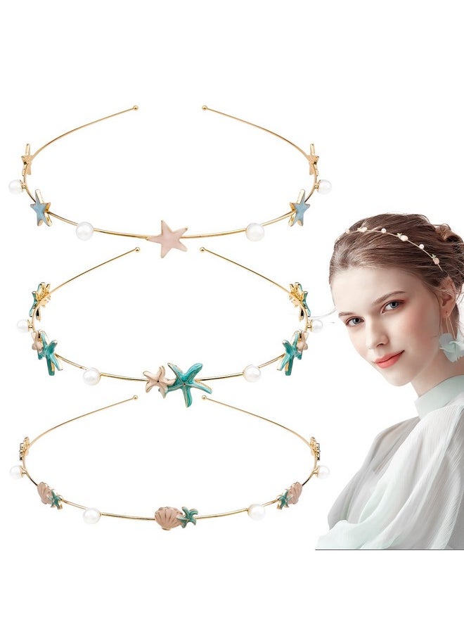 DonLeeving 3 Pack Rhinestone Crystal Starfish Headbands Handmade Pearl Seashell Mermaid Headbands Fashion Beaded Headbands Gold Metal Headbands Headdress Hair Accessories For Girls Women Teens  - Image 1