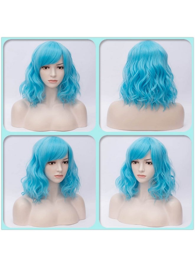 Netgo Blue Wigs For Women Short Wavy Cosplay Wig With Bangs 14Inch Heat Resistant Synthetic Cosplay Daily Party Curly Wig  - Image 5