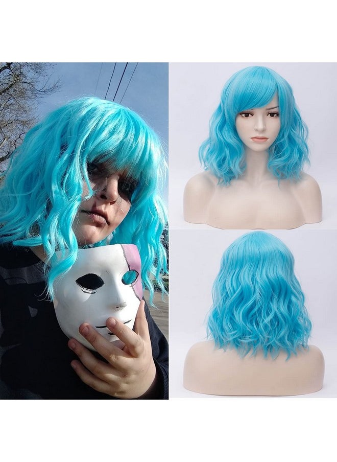 Netgo Blue Wigs For Women Short Wavy Cosplay Wig With Bangs 14Inch Heat Resistant Synthetic Cosplay Daily Party Curly Wig  - Image 2
