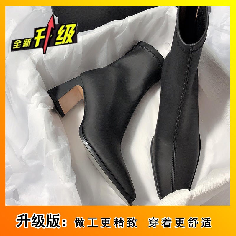 French Style Square Toe Soft Leather All-match Ankle Boots Womens 2024 Autumn and Winter New Thick Heel Stretch Thin Boots Elegant High Heels Black Upgrade