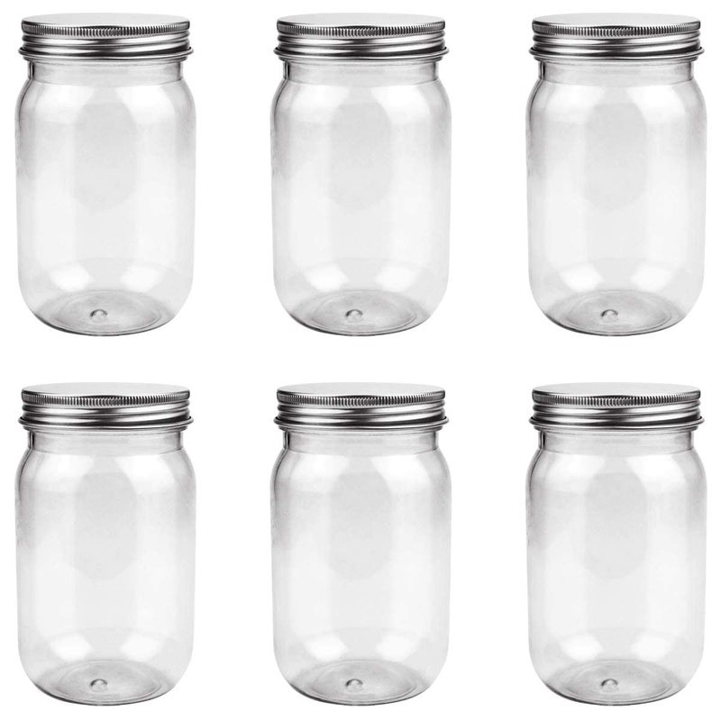 Fireboomoon 6 Pack 16 Ounce Clear Plastic Mason Jars Containers With Screw Sealing Metal Tinplate Lids Refillable Empty PET Plastic Slime Candy Storage Jars Containers for Home Kitchen Art Craft