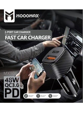 Moogmax 48W Car Charger with Type-C PD Fast Charging and USB QC3.0 Quick Charge Black - view 3
