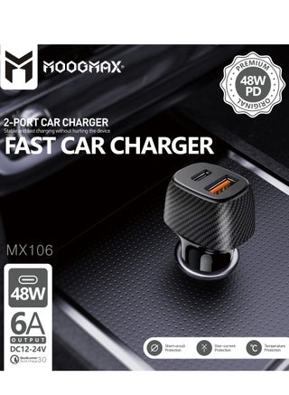 Moogmax 48W Car Charger with Type-C PD Fast Charging and USB QC3.0 Quick Charge Black - view 2
