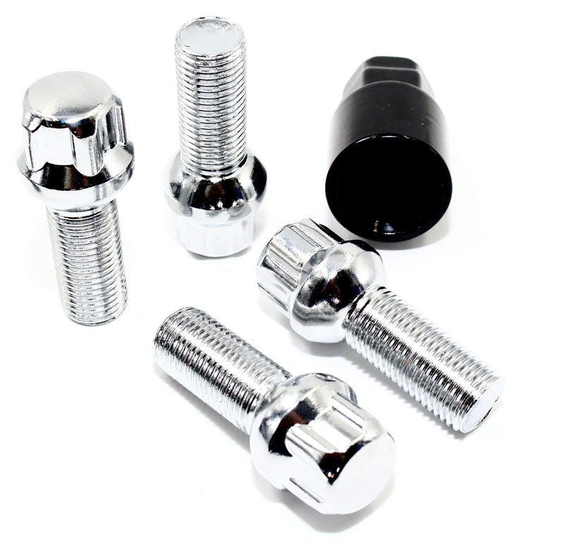 Set of 4 Veritek 14x15mm 210 Inch 28mm Shank Length 19mm 21mm Key Hex R12 OE Chrome Ball Seat Wheel Bolt Locks for Mercedes Audi VW Volkswagen Factory Wheels