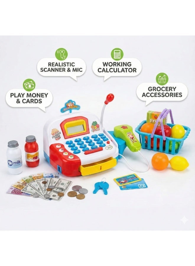 REZZOSS Kids Supermarket Cash Register Toy – Electronic Cashier Playset with Scanner, Microphone, Calculator & Play Food | Battery Operated Grocery Store Pretend Play Kit with Shopping Basket & Money | Educational Math Toy Gift for Boys & Girls 3+ Years - Image 2