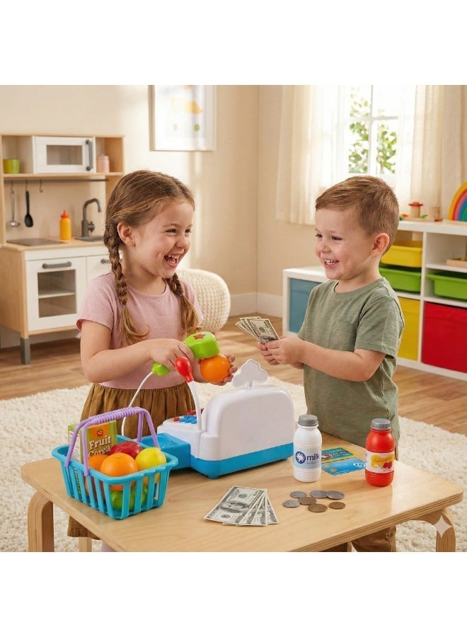 REZZOSS Kids Supermarket Cash Register Toy – Electronic Cashier Playset with Scanner, Microphone, Calculator & Play Food | Battery Operated Grocery Store Pretend Play Kit with Shopping Basket & Money | Educational Math Toy Gift for Boys & Girls 3+ Years - Image 3