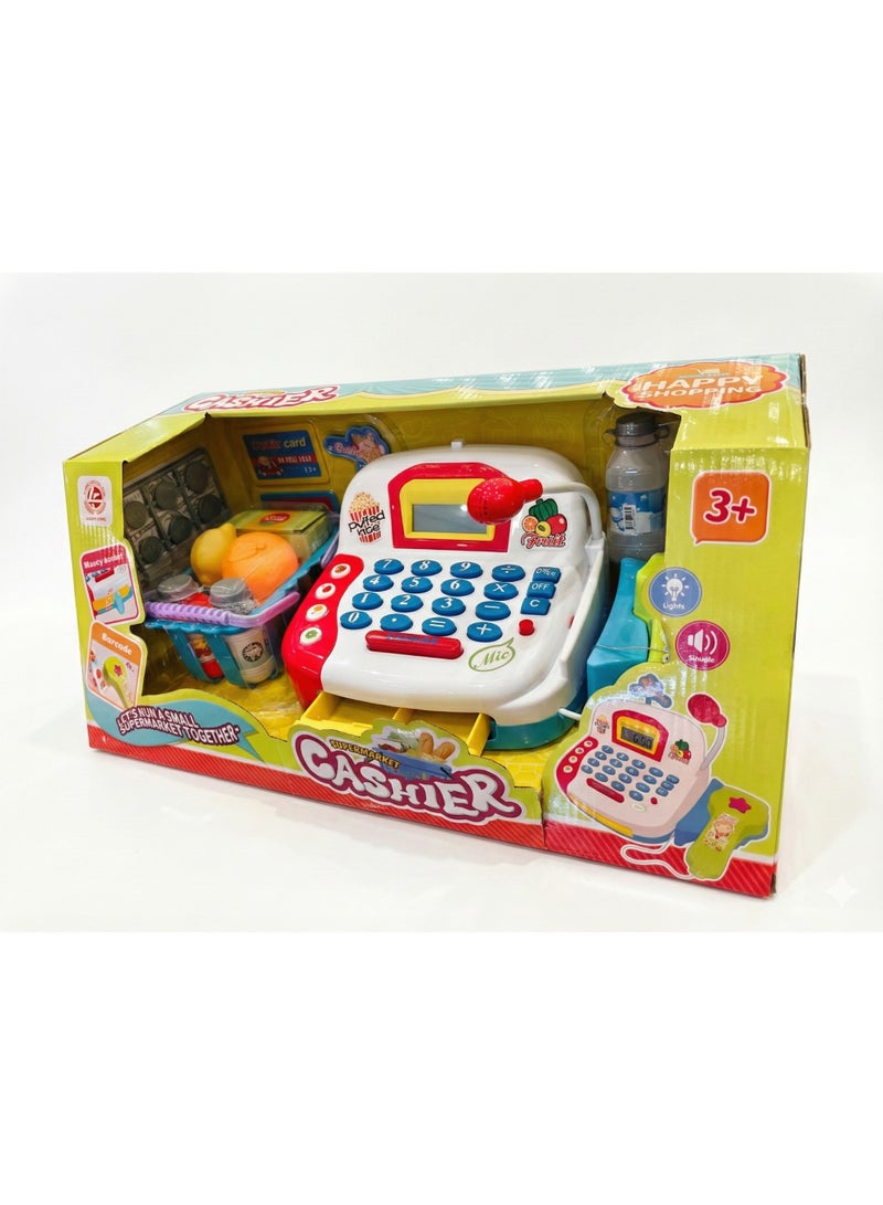 REZZOSS Kids Supermarket Cash Register Toy – Electronic Cashier Playset with Scanner, Microphone, Calculator & Play Food | Battery Operated Grocery Store Pretend Play Kit with Shopping Basket & Money | Educational Math Toy Gift for Boys & Girls 3+ Years - Image 4