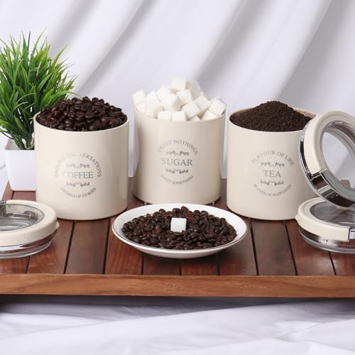 Jaypee Plus Classique 3 Tea Coffee Sugar Storage Container Set 750 ml Airtight Plastic canisters Tea containers for kitchen | Silicon rubber lock Stackable glossy finish transparent Lid, Ivory - Image 2