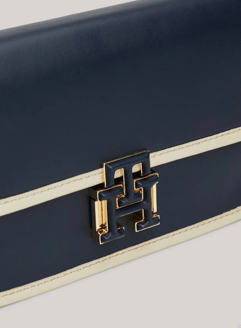 TOMMY HILFIGER Women's Push Lock Leather Crossover Bag -  Leather, Blue/ Off White