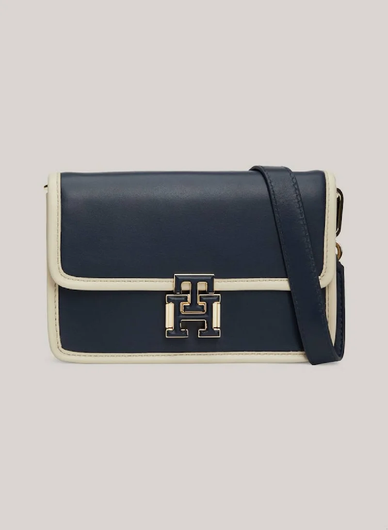 TOMMY HILFIGER Women's Push Lock Leather Crossover Bag -  Leather, Blue/ Off White