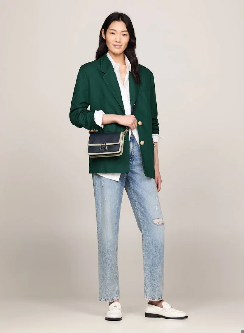 TOMMY HILFIGER Women's Push Lock Leather Crossover Bag -  Leather, Blue/ Off White