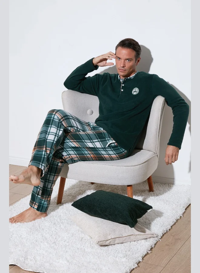 Buratti Plaid Regular Fit Buttoned Crew Neck Winter Fleece Pajama Set Men's PAJAMAS SET 60961008
