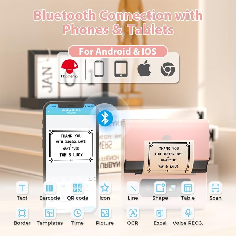 Label Maker- with 3 Roll Labels M221 Label Maker Machine 3 Inch Bluetooth Thermal Barcode Printer for Small Business/Home Use, for Barcode, Address, Logo, Mailing, Stickers, Pink - Image 4