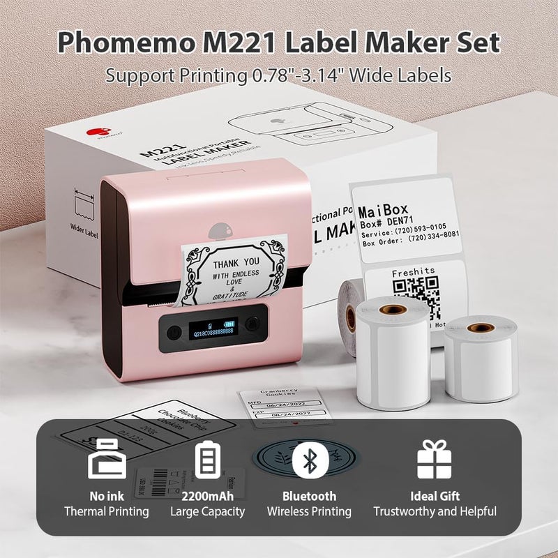 Label Maker- with 3 Roll Labels M221 Label Maker Machine 3 Inch Bluetooth Thermal Barcode Printer for Small Business/Home Use, for Barcode, Address, Logo, Mailing, Stickers, Pink - Image 2