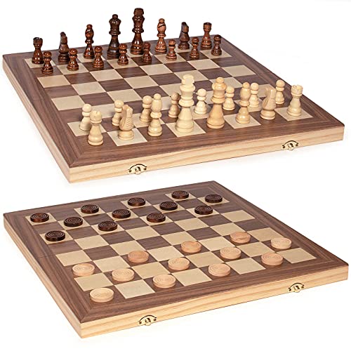 AMEROUS 15'' Wooden Chess & Checkers Set, 2 in 1 Board Games -2 Extra Queens -24 Cherkers Pieces - Gift Box Packed - Chessmen Storage Slots, Beginner Chess Set for Kids and Adults - Image 3