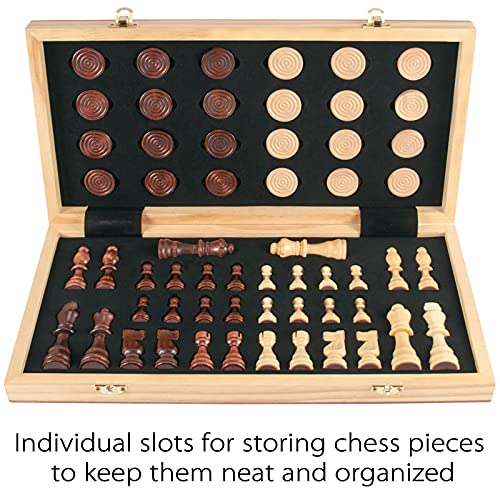 AMEROUS 15'' Wooden Chess & Checkers Set, 2 in 1 Board Games -2 Extra Queens -24 Cherkers Pieces - Gift Box Packed - Chessmen Storage Slots, Beginner Chess Set for Kids and Adults - Image 2