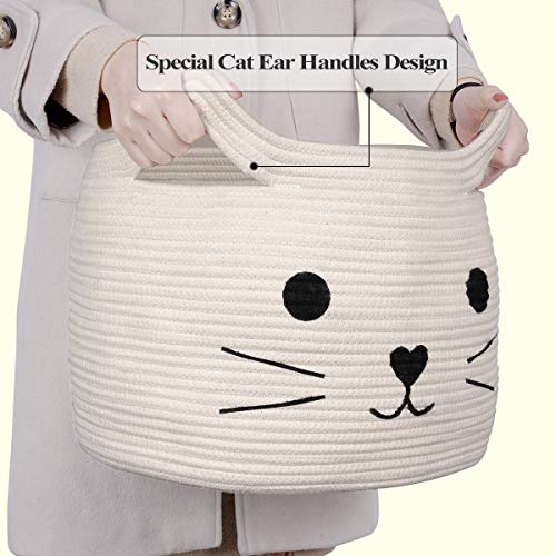 HiChen Large Woven Cotton Rope Storage Basket, Baby Laundry Basket Organizer for Towels, Blanket, Toys, Clothes, Gifts | Pet Gift Baskets for Cat, Dog - 15.7" L×11.8" H - Image 3