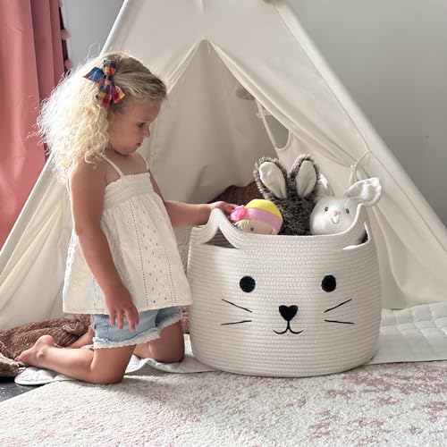 HiChen Large Woven Cotton Rope Storage Basket, Baby Laundry Basket Organizer for Towels, Blanket, Toys, Clothes, Gifts | Pet Gift Baskets for Cat, Dog - 15.7" L×11.8" H - Image 2