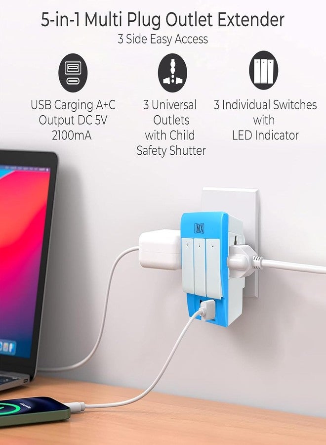 ام كي محول MX ثلاثي الاتجاهات متعدد المنافذ مع منافذ شحن USB و Type-C، لوحة تمديد 5 أمبير - 250 فولت، مفاتيح فردية ومؤشر LED، مقبس عالمي - قابس من النوع D (متعدد الألوان) عبوة من قطعتين - Image 2