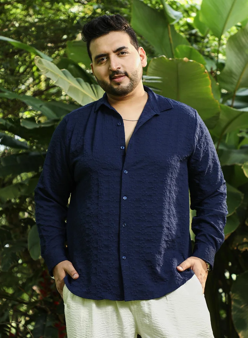 انستافاب بلس Instafab Plus Men's Navy Blue Floral-Textured Shirt For Casual Wear | Spread Collar | Long Regular Sleeves | Button Closure | Plus Size Shirt Crafted With Comfort Fit For Everyday Wear