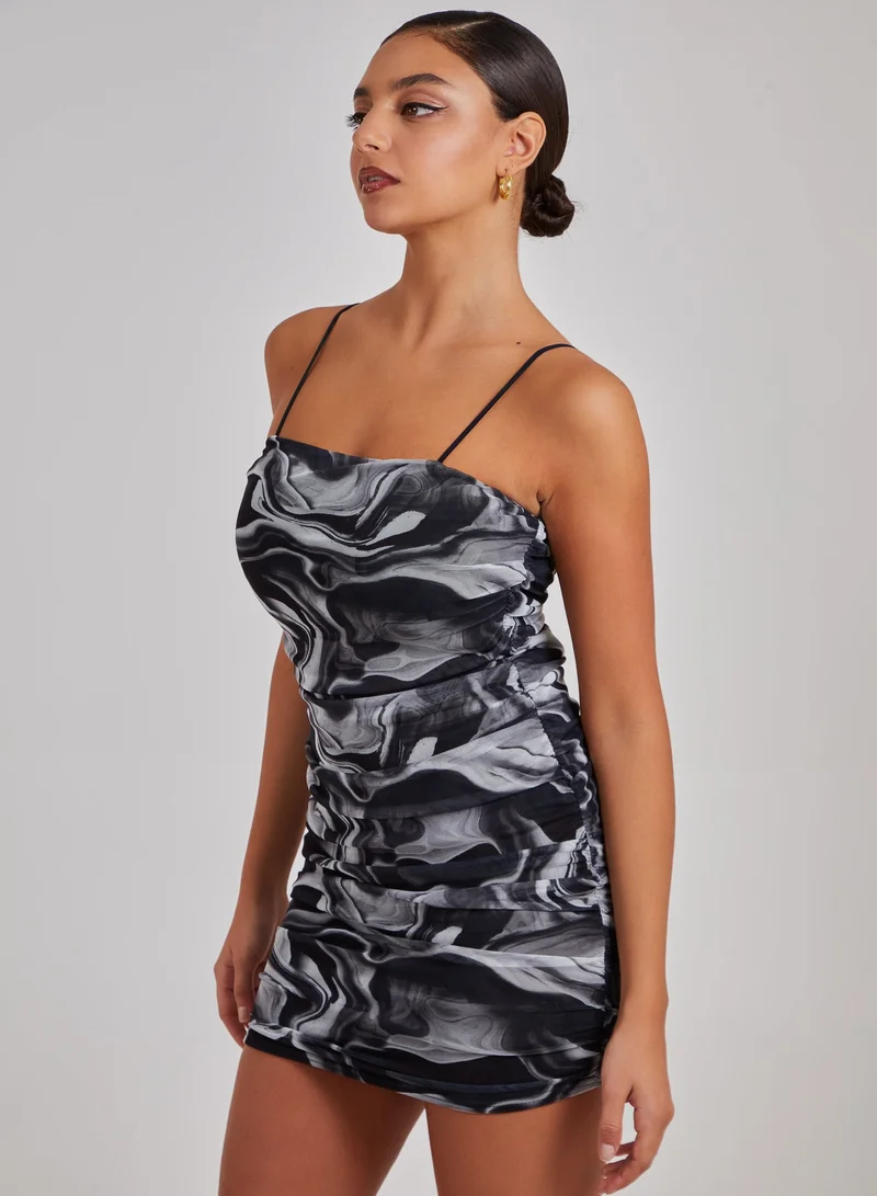 Pink Vanilla Mesh Marble Ruched Cami Mini Dress